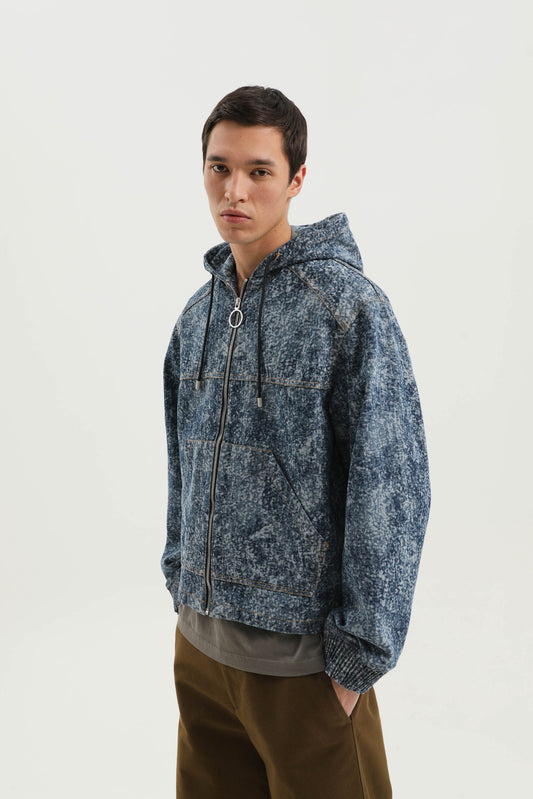 Marble denim hoodie zip up